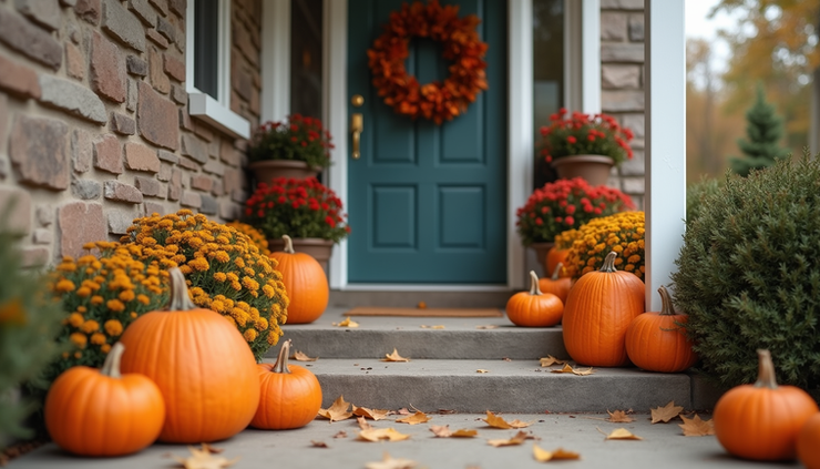 Close-up view of a front porch decorated with pumpkins and autumn wreath
