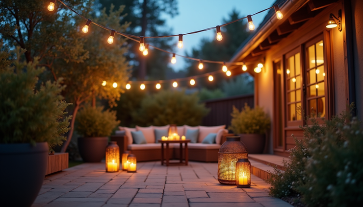 High angle view of a backyard patio decorated with string lights and handmade lanterns