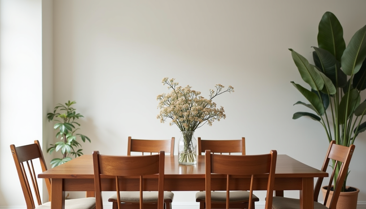 Close-up view of a dining table with matching chairs and centerpiece