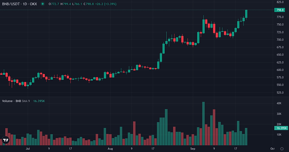BNB 90-day price and volume chart — BNB market dynamics