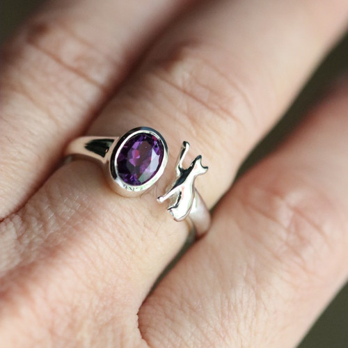 ぽぷリングオーダー カラーシフトアメシストと猫オープンリング silver925 | atelier-ci-pu