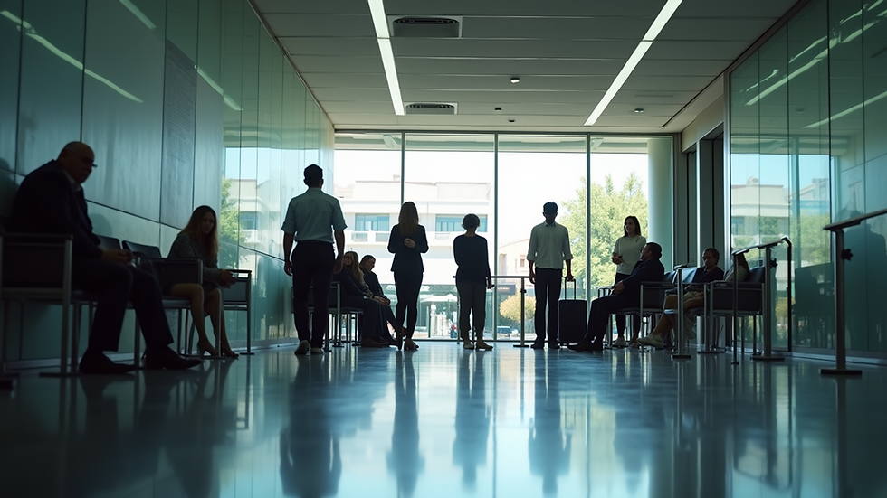 Eye-level view of a Spanish immigration office with people waiting