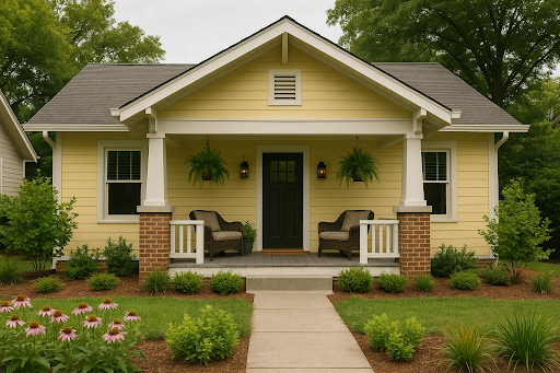 Yellow cottage with a gray roof, front porch, and wicker chairs. Lush garden, pink flowers, and greenery create a serene setting.