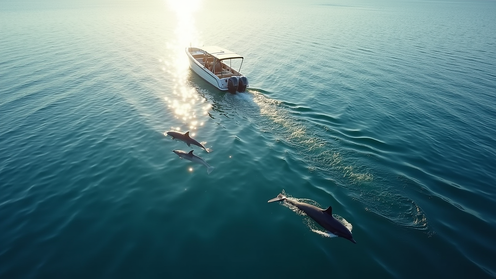 High angle view of a small boat cruising on calm ocean waters with dolphins nearby