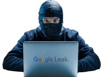 a person dressed in a dark hoodie and a black balaclava, covering most of their face except the eyes, sitting directly in front of a laptop. The individual is staring intensely at the camera. The laptop lid is visible and has the words "Google Leak." printed on it, styled with the same color scheme and font associated with Google's branding.