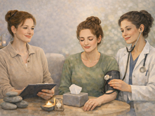 Beraterin, Klientin und Psychiaterin arbeiten gemeinsam