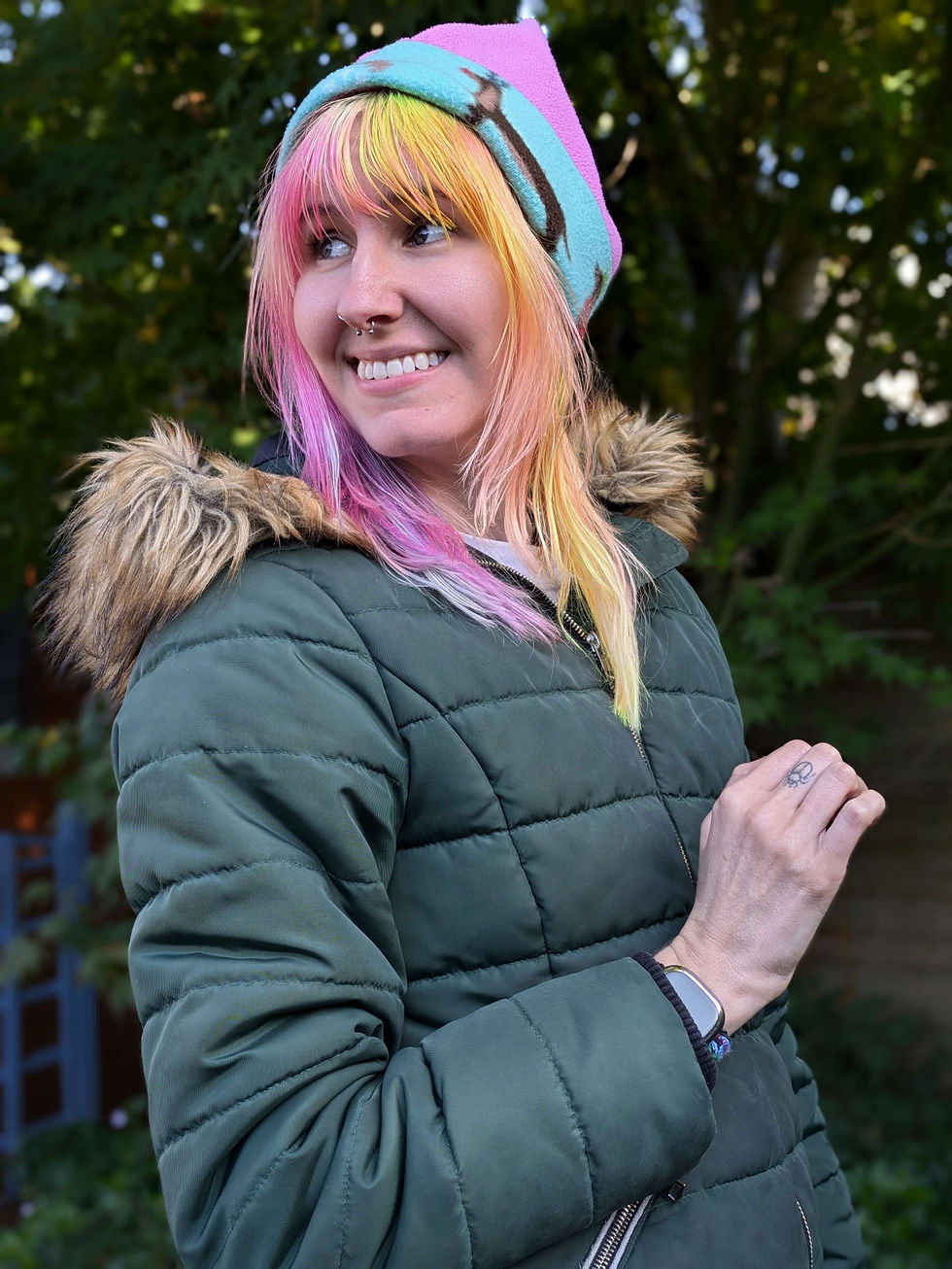 Thumbnail: Non - Stretch Oversized Upcycled Four Point Beanie - Pink/Dogs