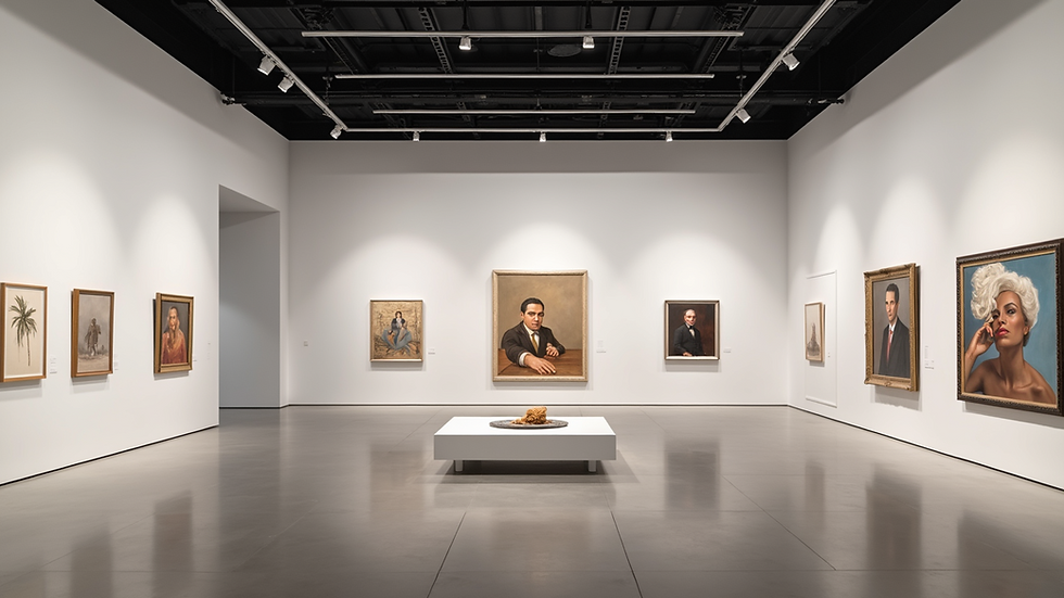 Wide angle view of a spacious modern art gallery with diverse artworks displayed