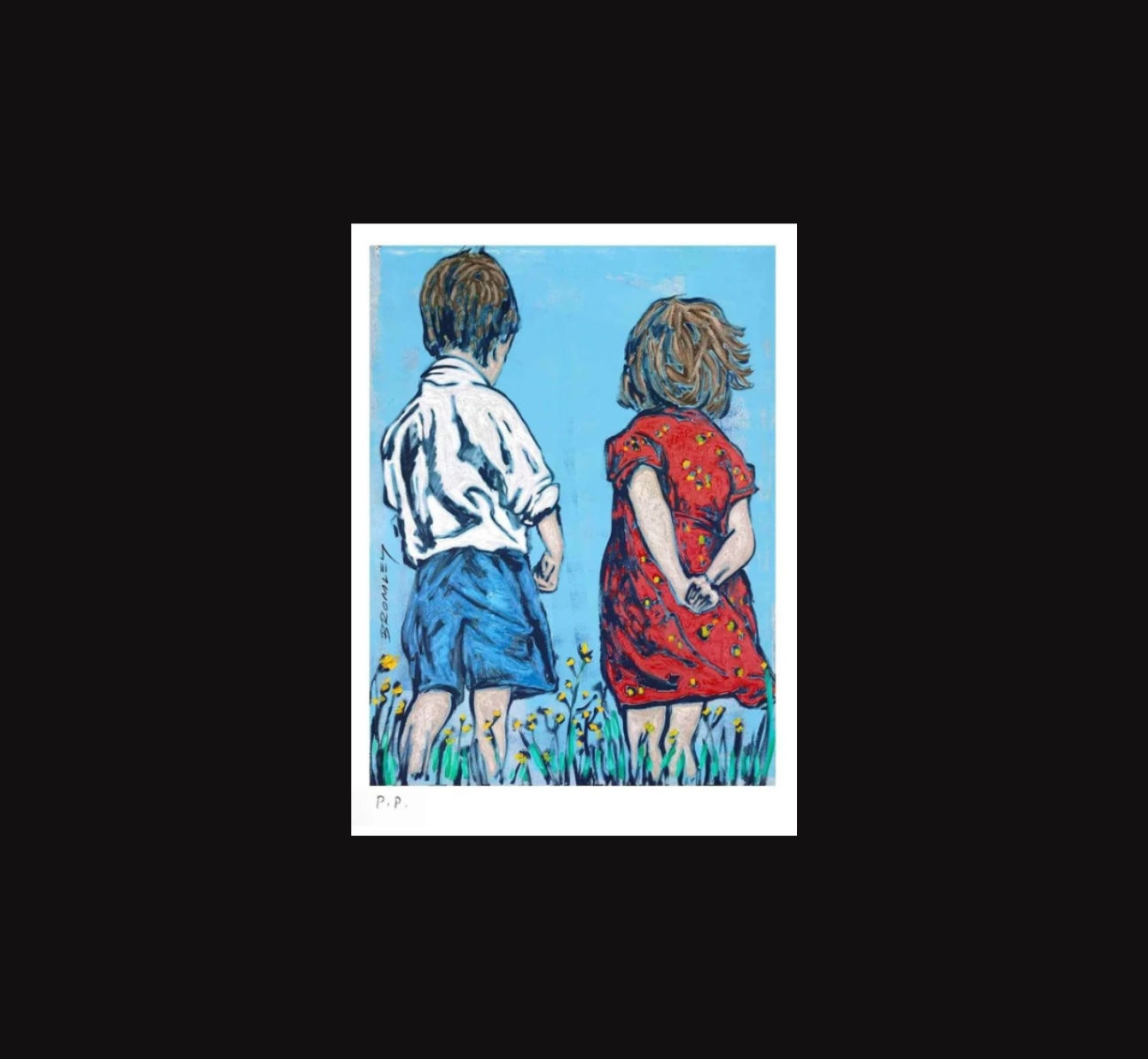 David Bromley | Printers Proof, showing two children, titled "Friends"
