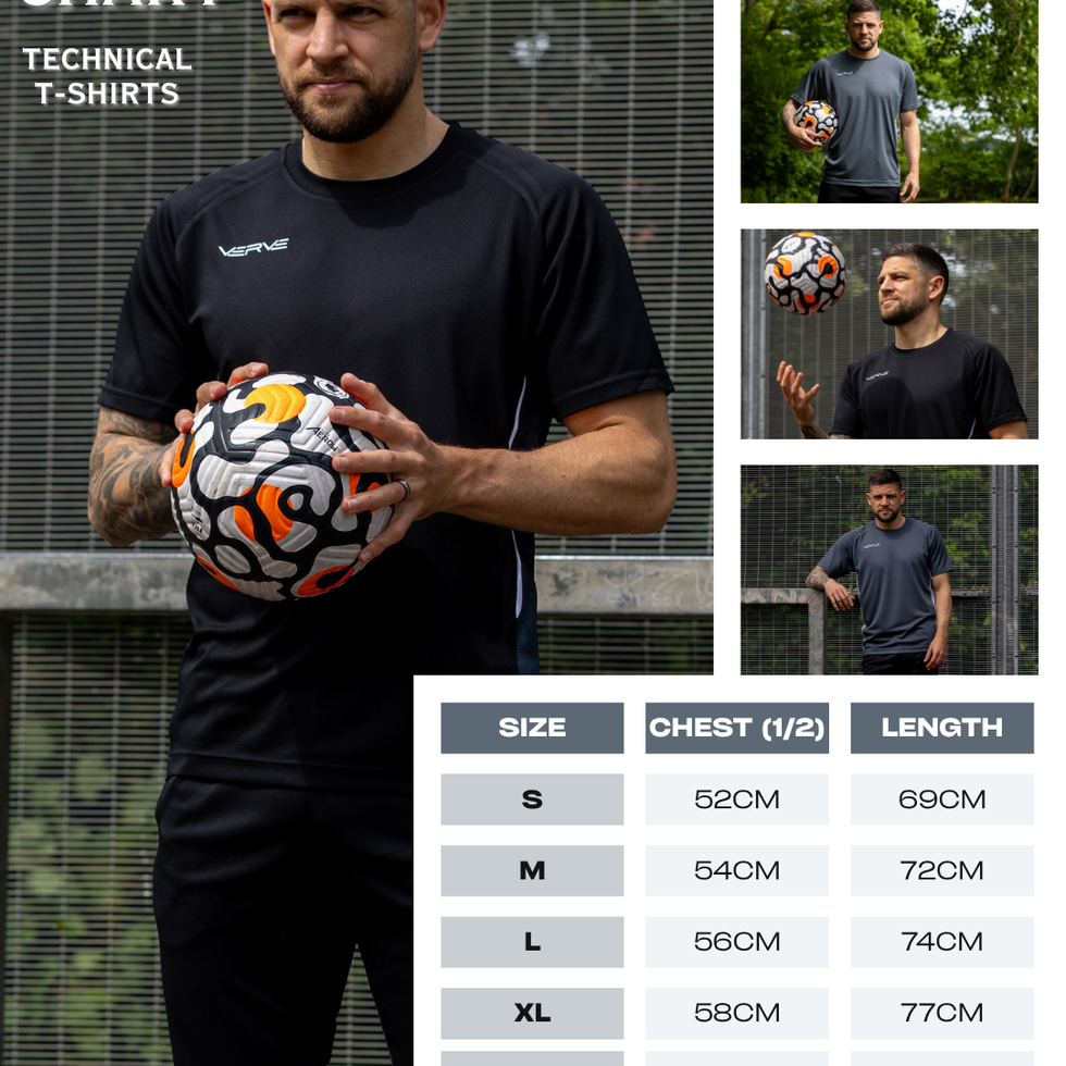 Graphic to showcase the size guide for the Technical T-Shirts for Adults.