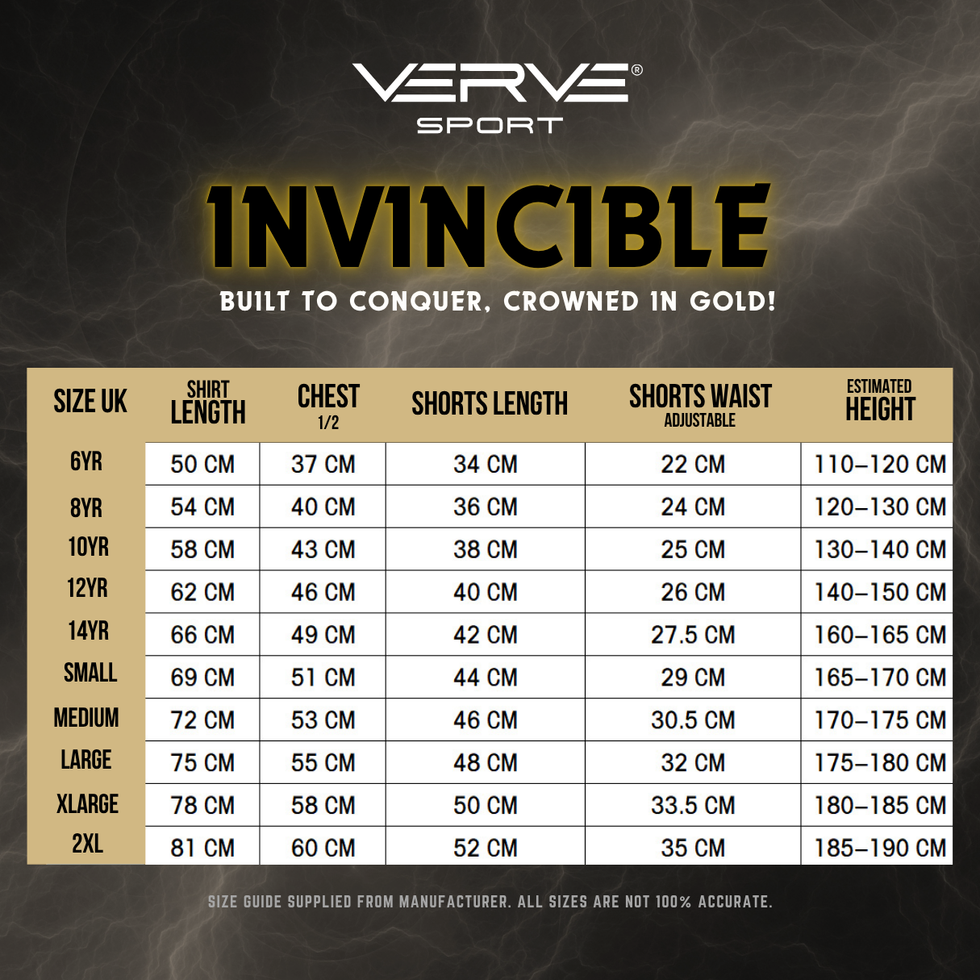 Graphic showcasing all the sizes for Adults and Juniors for the Invincible Kit.