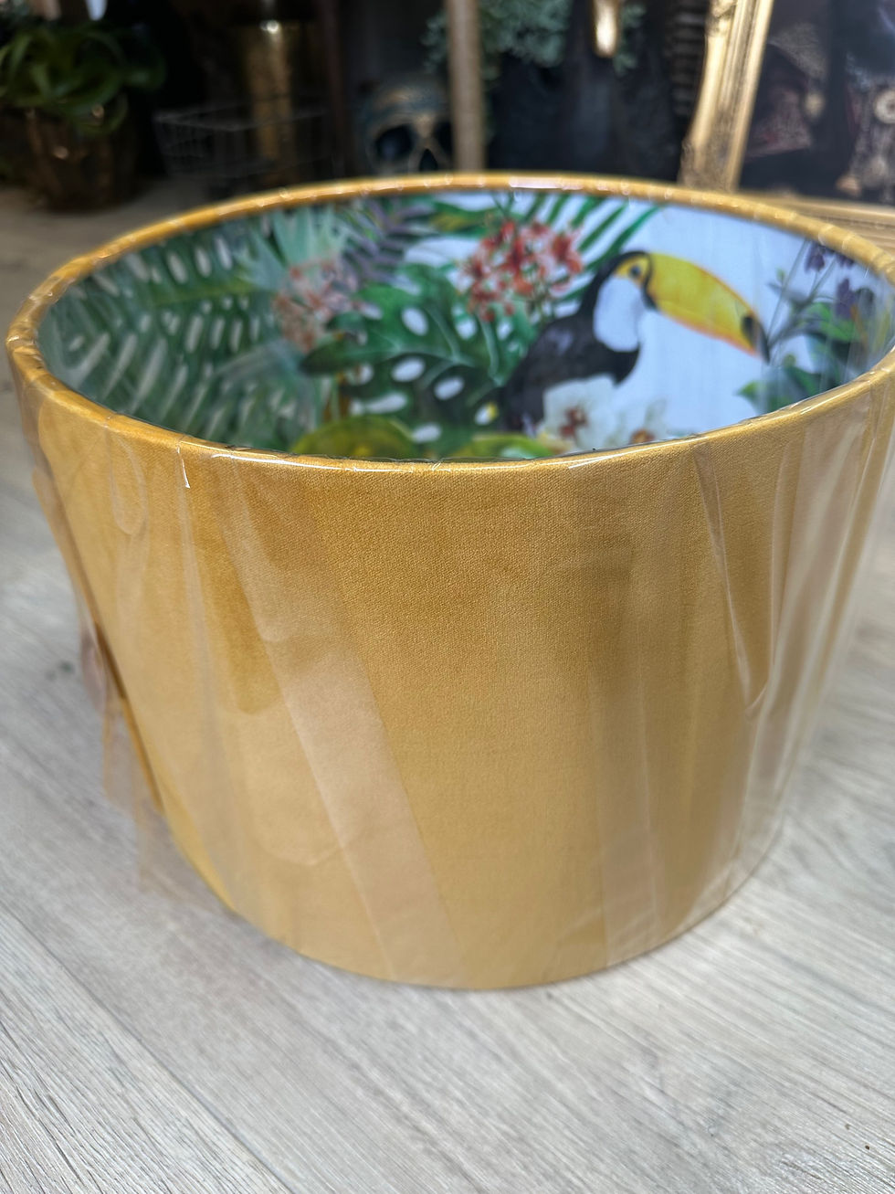yellow velvet handmade lampshade with tropical inner