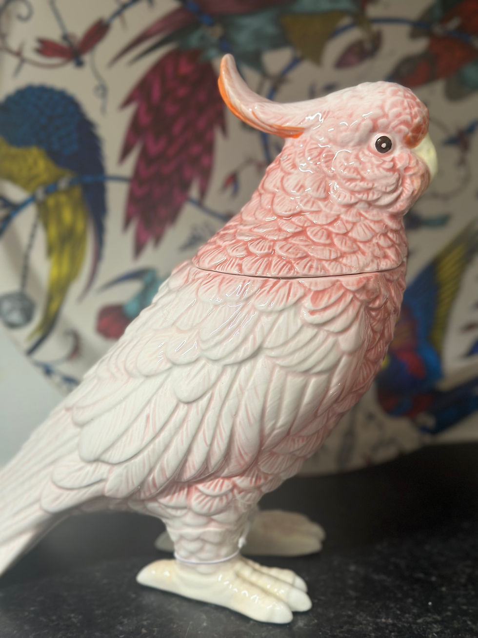 Thumbnail: Pink and white ceramic cockatoo jar with removable lid