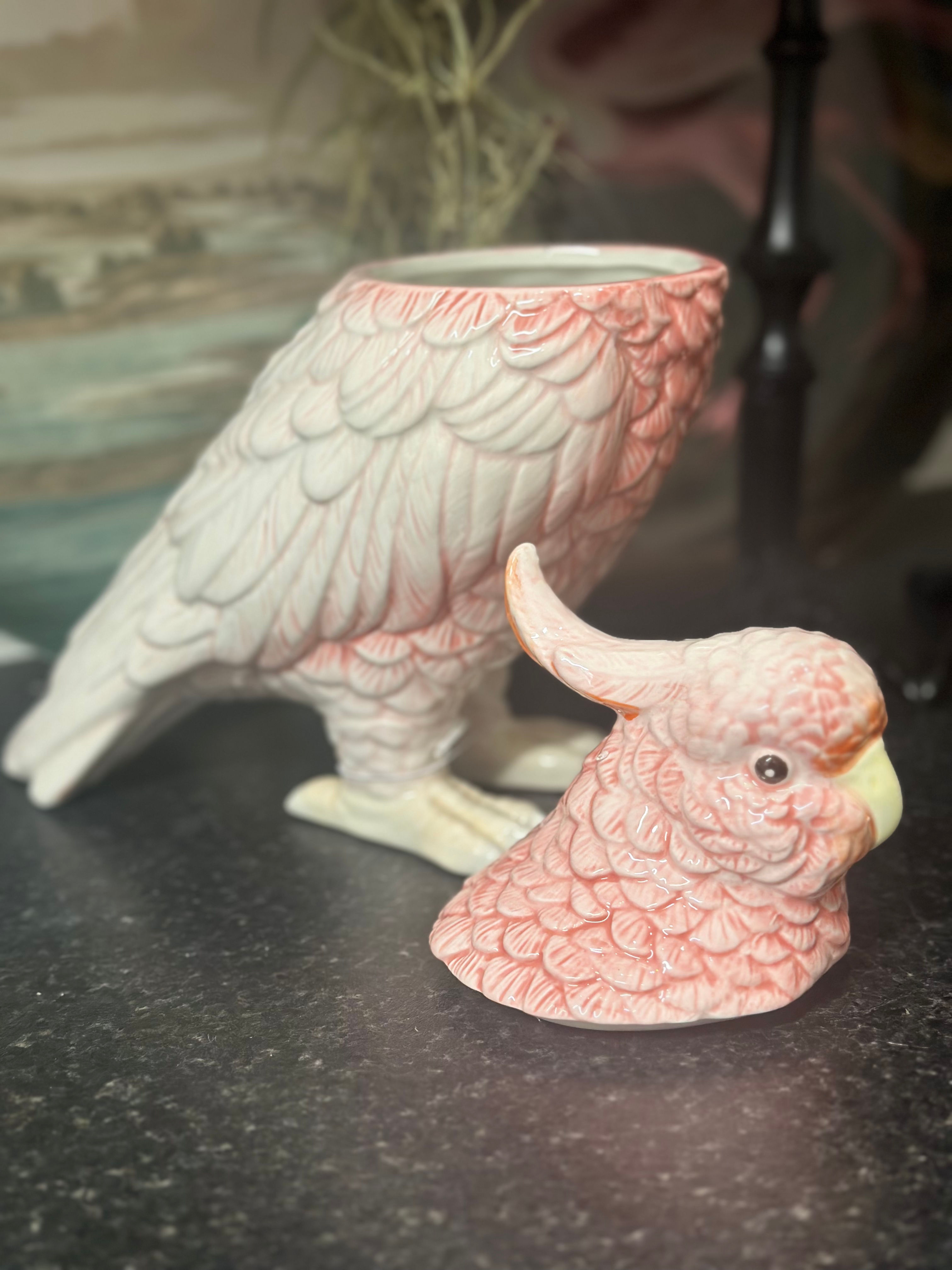 Pink and white ceramic cockatoo jar with removable lid