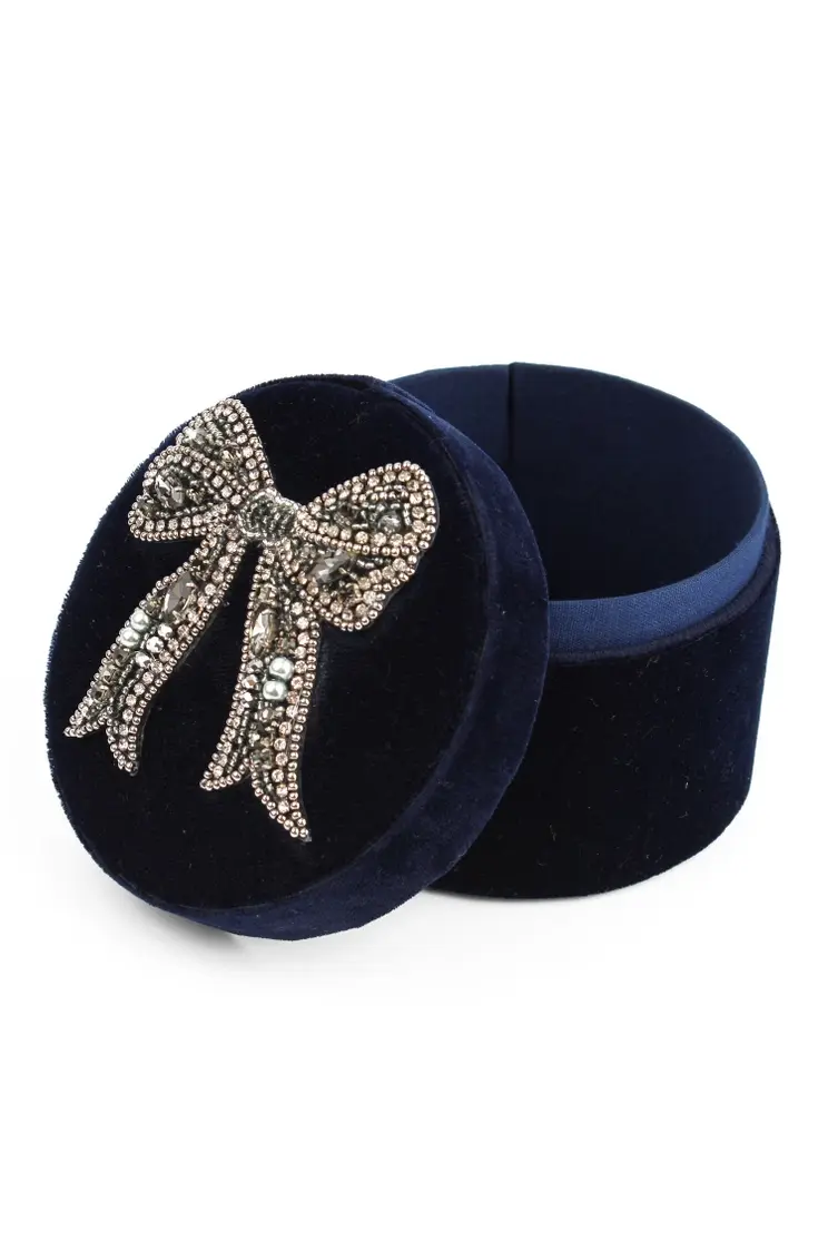 Round Navy Bow Velvet Box