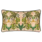 Thumbnail: Rectangular multicolour tropical cushion with monkey and palm leaf print on a light background, styled on a chair.