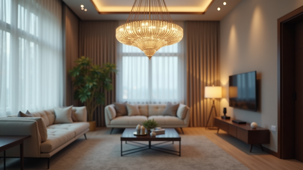 Eye-level view of a modern chandelier hanging in a stylish living room