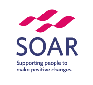 SOAR, supporting people to make positive changes. [with pink curved lines above]