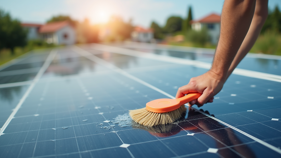 Close-up view of a solar panel being cleaned with a soft brush