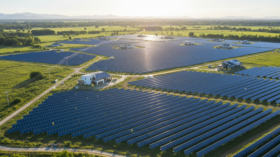 High angle view of solar farm panels in a sunny field