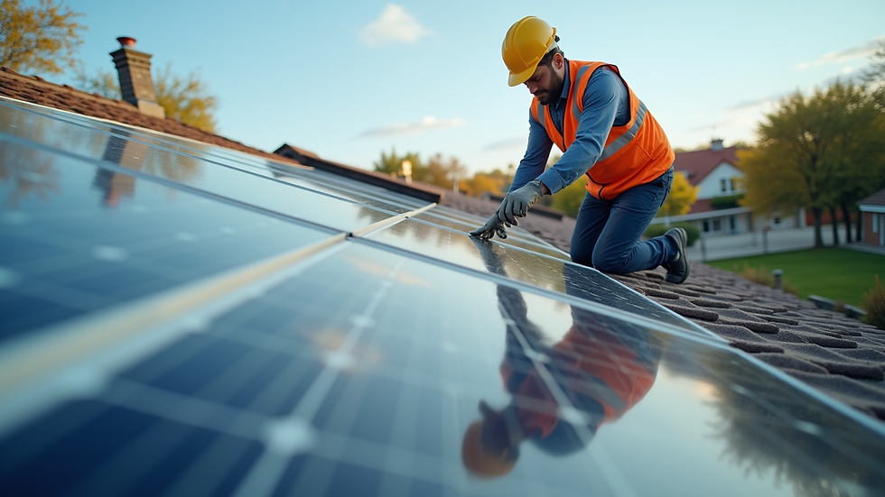 Eye-level view of a technician inspecting solar panels on a residential roof