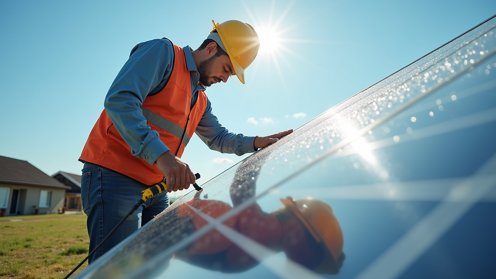 Eye-level view of a solar panel cleaning technician inspecting panels