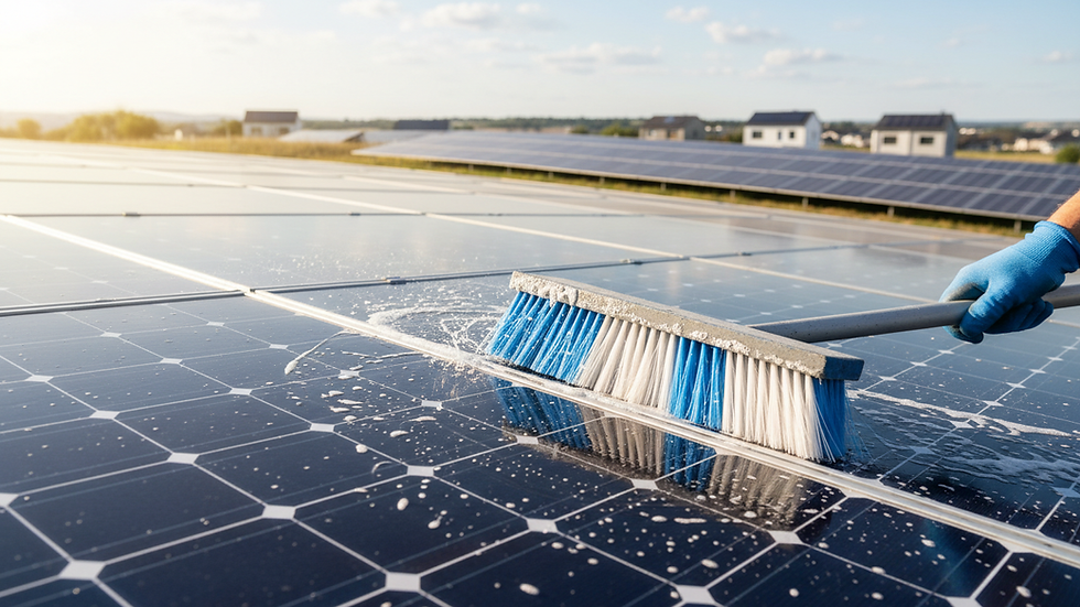 Close-up view of a solar panel being cleaned with a soft brush