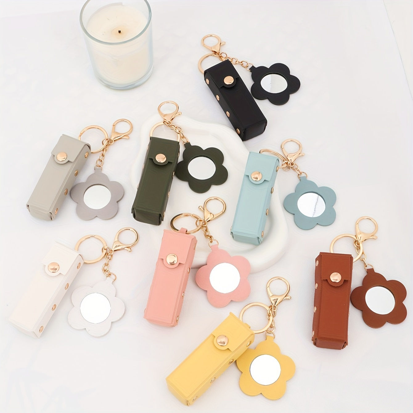 1pc Design Sense Lipstick Keychain Bag Pendant Flower Pattern Mirror Pendant Key