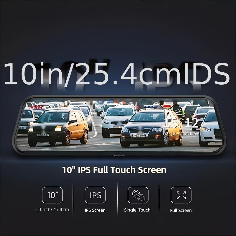 Thumbnail: HD 10 Inch Rearview Mirror Fash Cam - Touch Screen, Dual Cameras, G-Sensor, Nigh