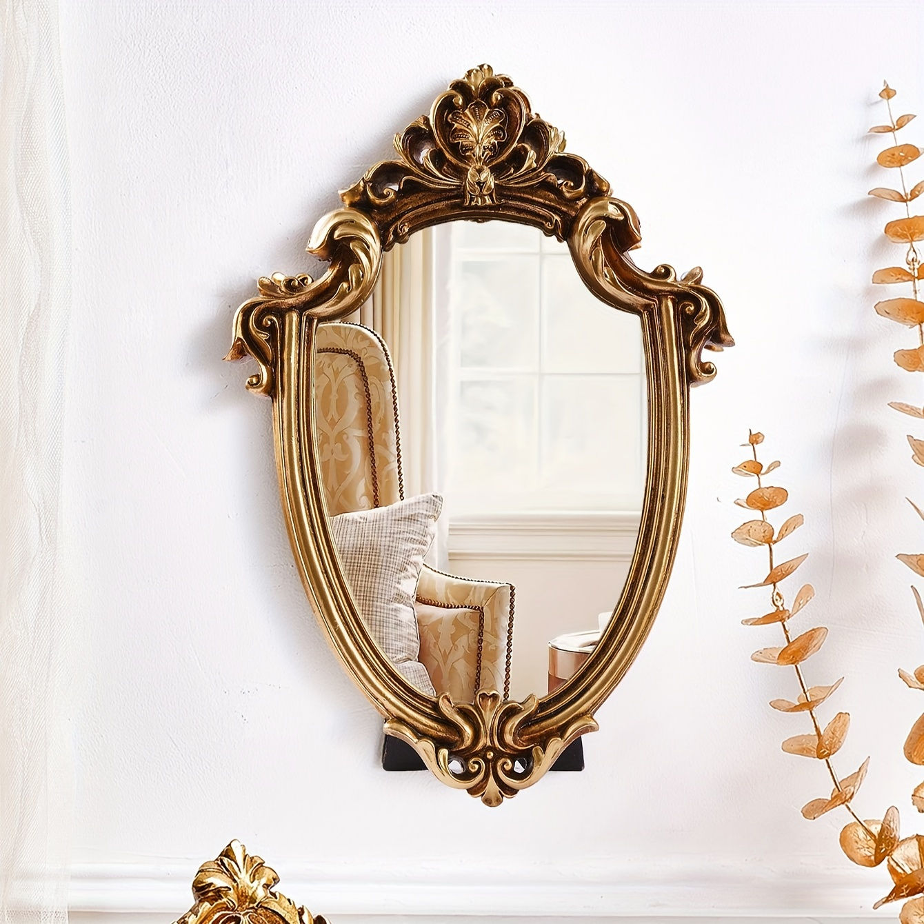 1pc, European Classical Style Golden Pattern Special-shaped Mirror Decorative Ha