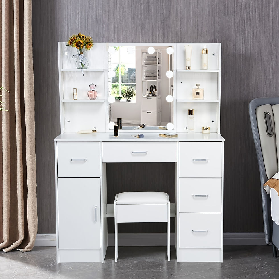Thumbnail: 1 Set Vanity Desk With Mirror & Light, Large Makeup Vanity With Drawers And Open