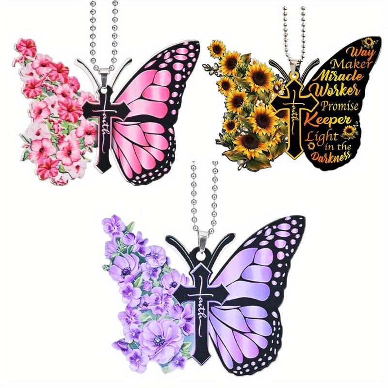 3pcs/set Flower Butterfly Jesus Cross Hanging Ornament, 2D Car Rearview Mirror H