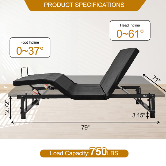 Thumbnail: FCJ King Size Adjustable Bed Base with Quiet Motor Zero Gravity Head Foot Inclin