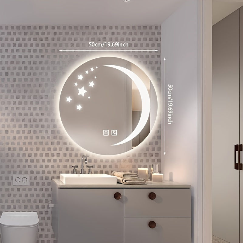 Thumbnail: 1pc Round Star & Moon LED Mirror with Touch Sensor, Wall-Mounted Bathroom Vanity