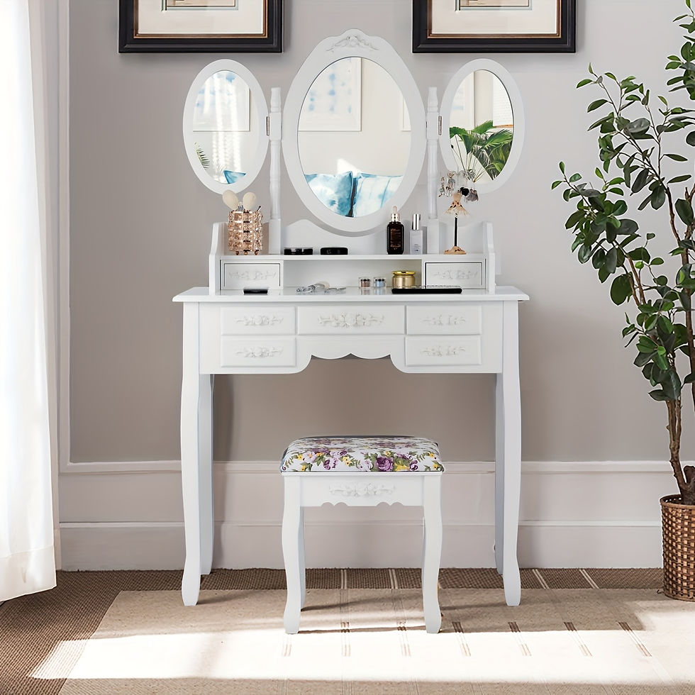 Thumbnail: Vanity Makeup Set W/7 Drawer Tri-Folding Mirror Dressing Table & Stool Set White