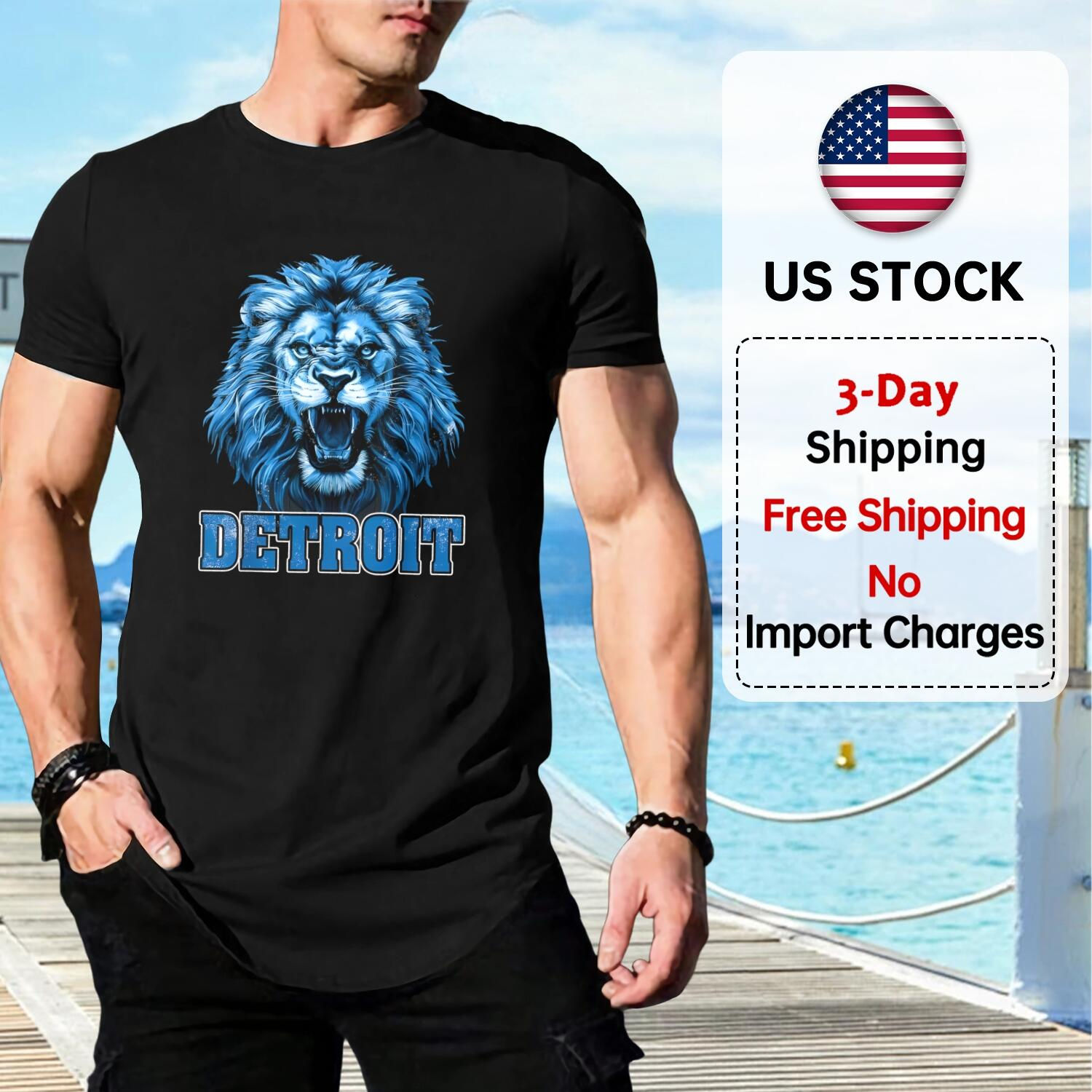 Men's Detroit Lions T-Shirt: Blue Lion Graphic Tee, Football Fan Apparel, Cotton