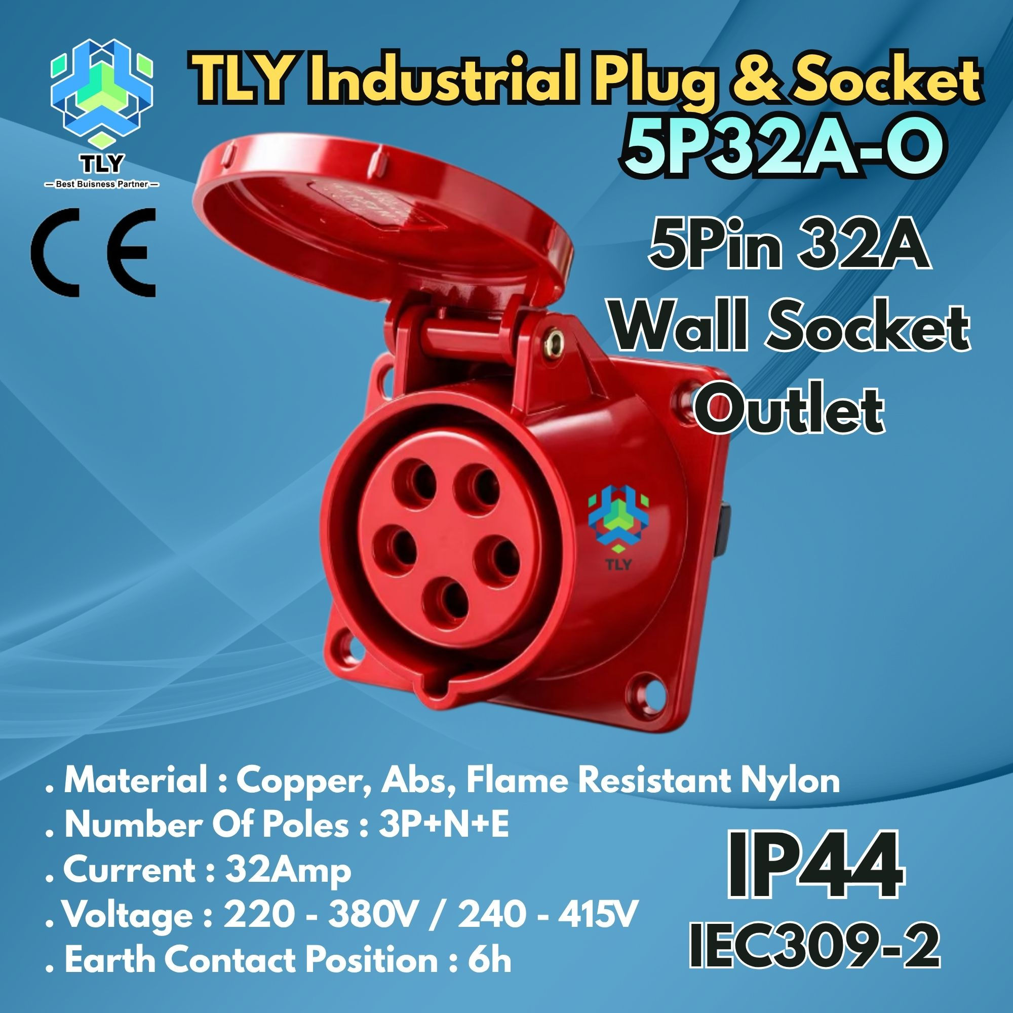 GAG03 Industrial Plug & Socket IP44 - 5 Pin 32A Wall Socket Outlet