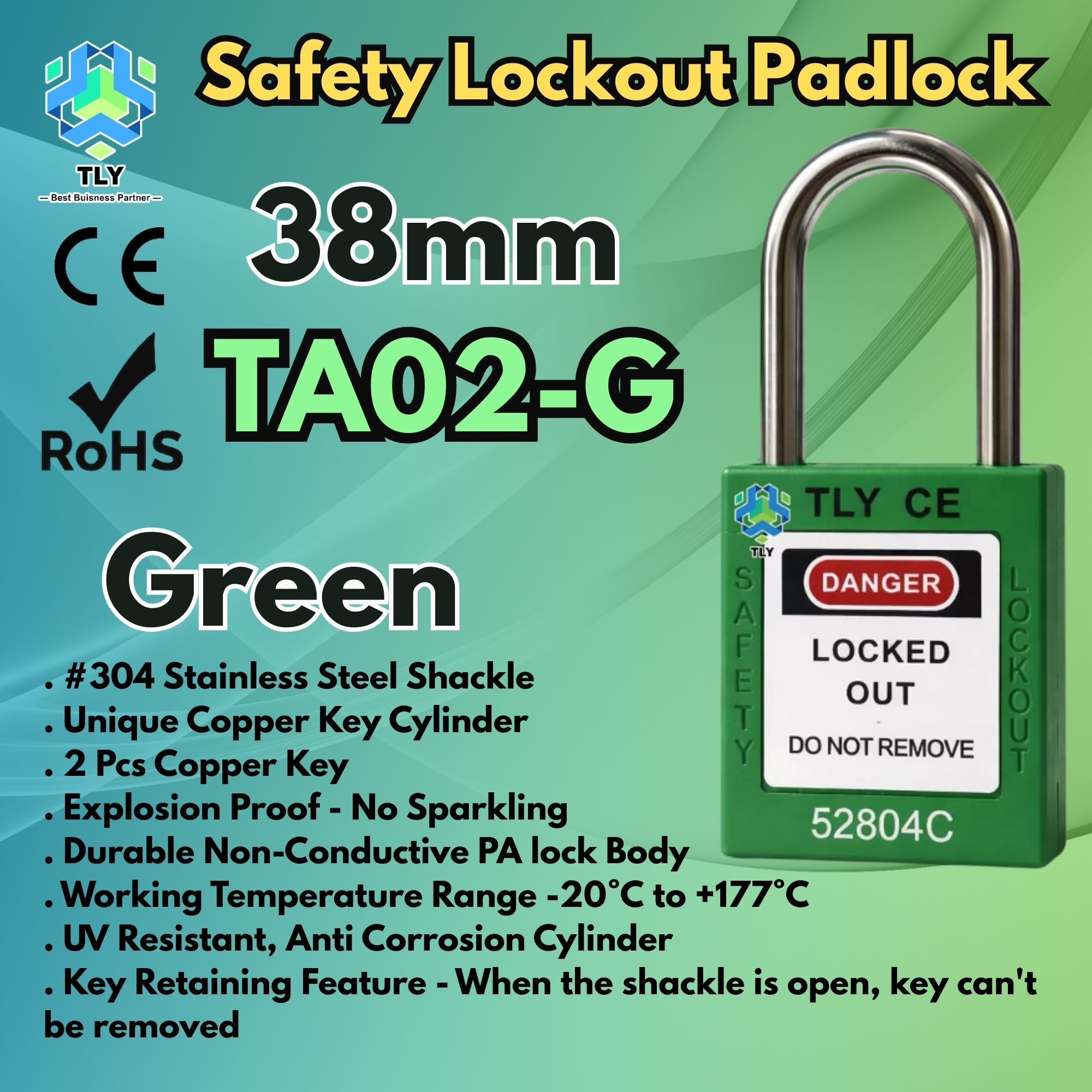 EOA07 TLY Safety Lockout Padlock 38mm Green TA02-G
