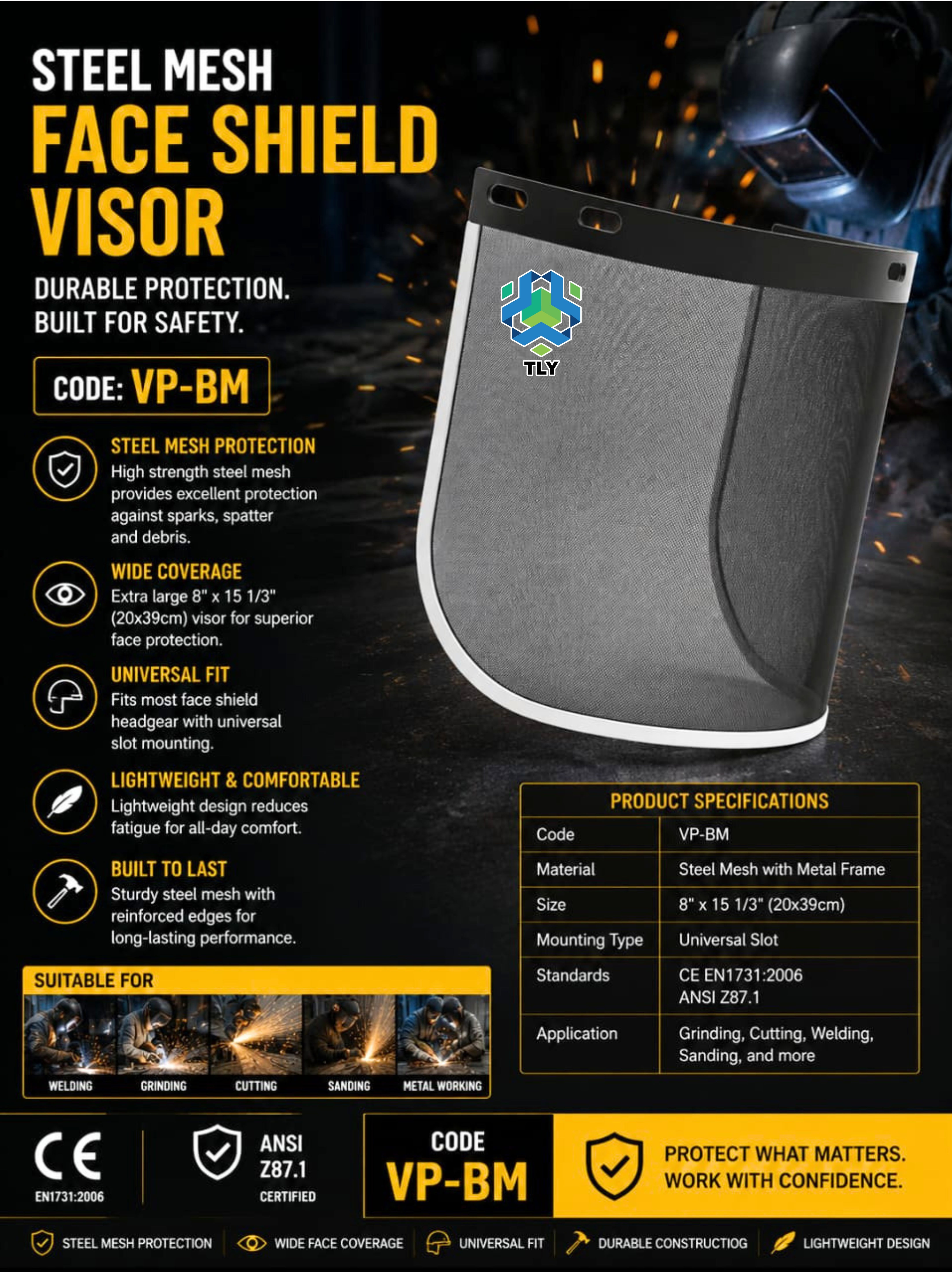 FAB01 TLY Face Shield Visor With Steel Mesh