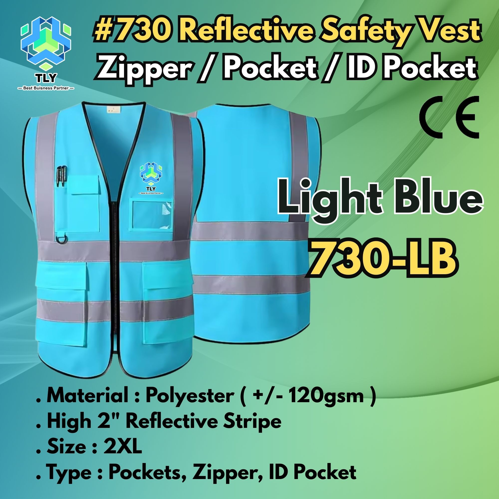 EGE04 Reflective Safety Vest - #730 Zip Type Light Blue