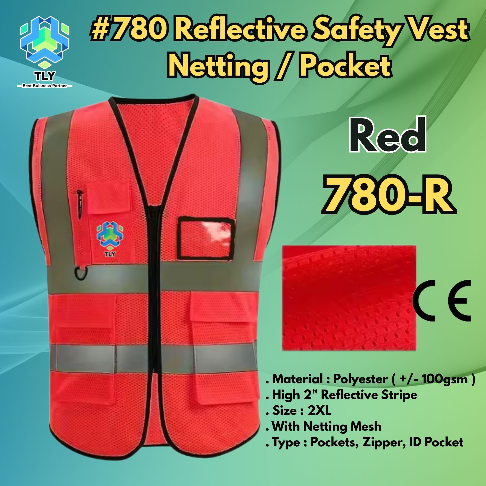 EGF04 TLY #780 Reflective Safety Vest Netting & Pocket - Red 780-R