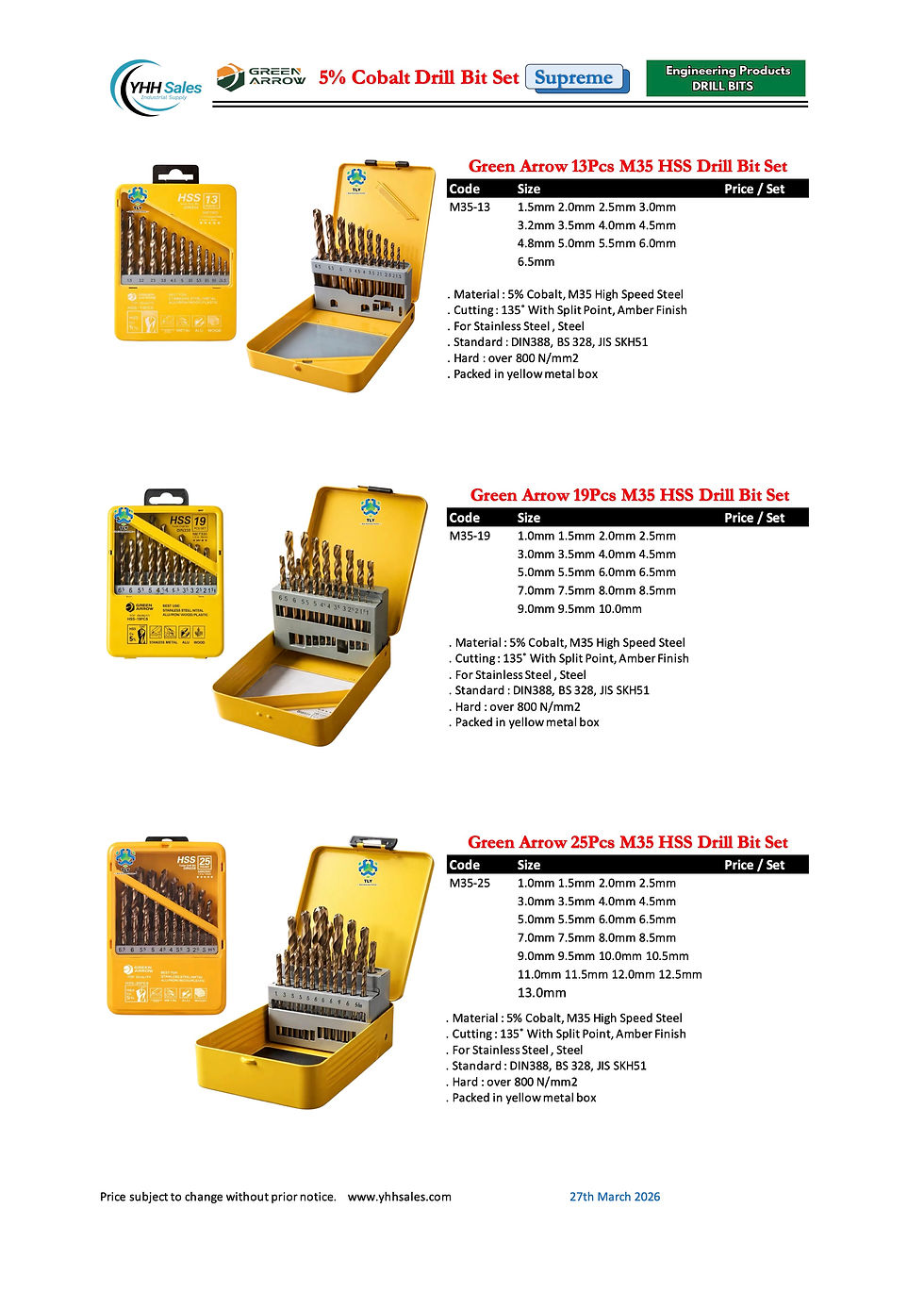 Thumbnail: AAD14 Green Arrow M35 Cobalt HSS Drill Bit Sets Inches 21Pcs M35-21i