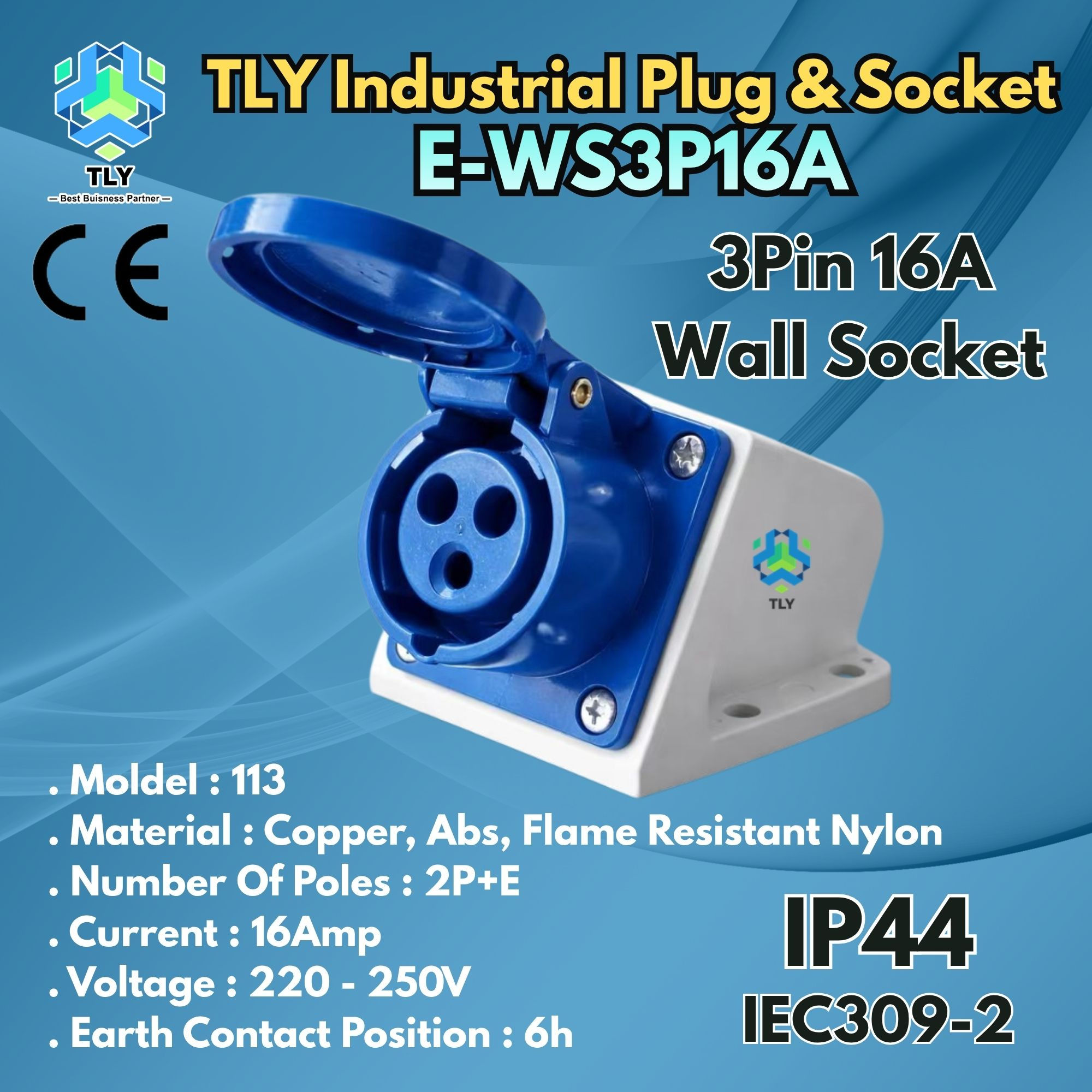 GAA03 Industrial Plug & Socket IP44 - 3 Pin 16A Wall Socket