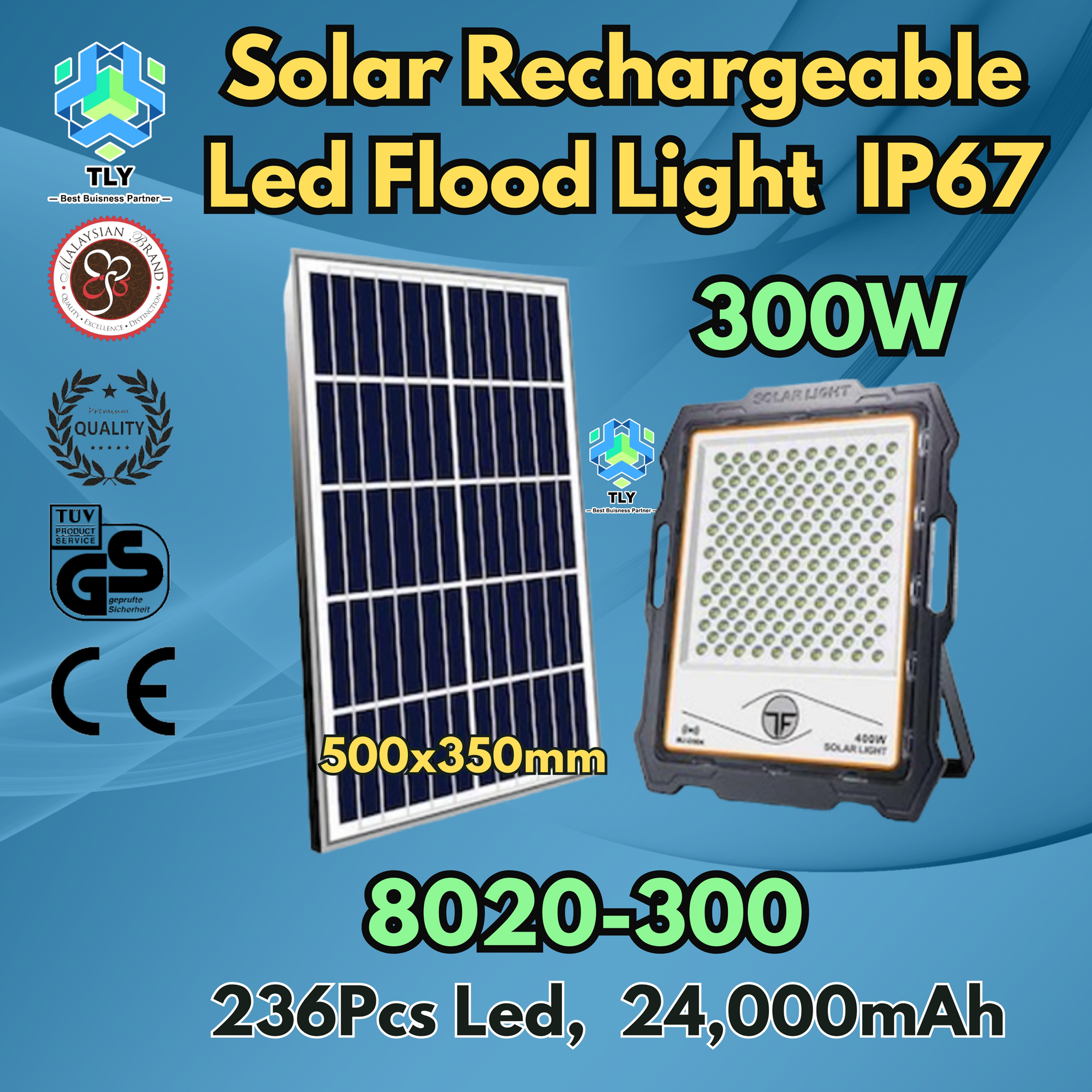 GJD03 Solar Rechargeable Led Flood Light IP67 8020-300W