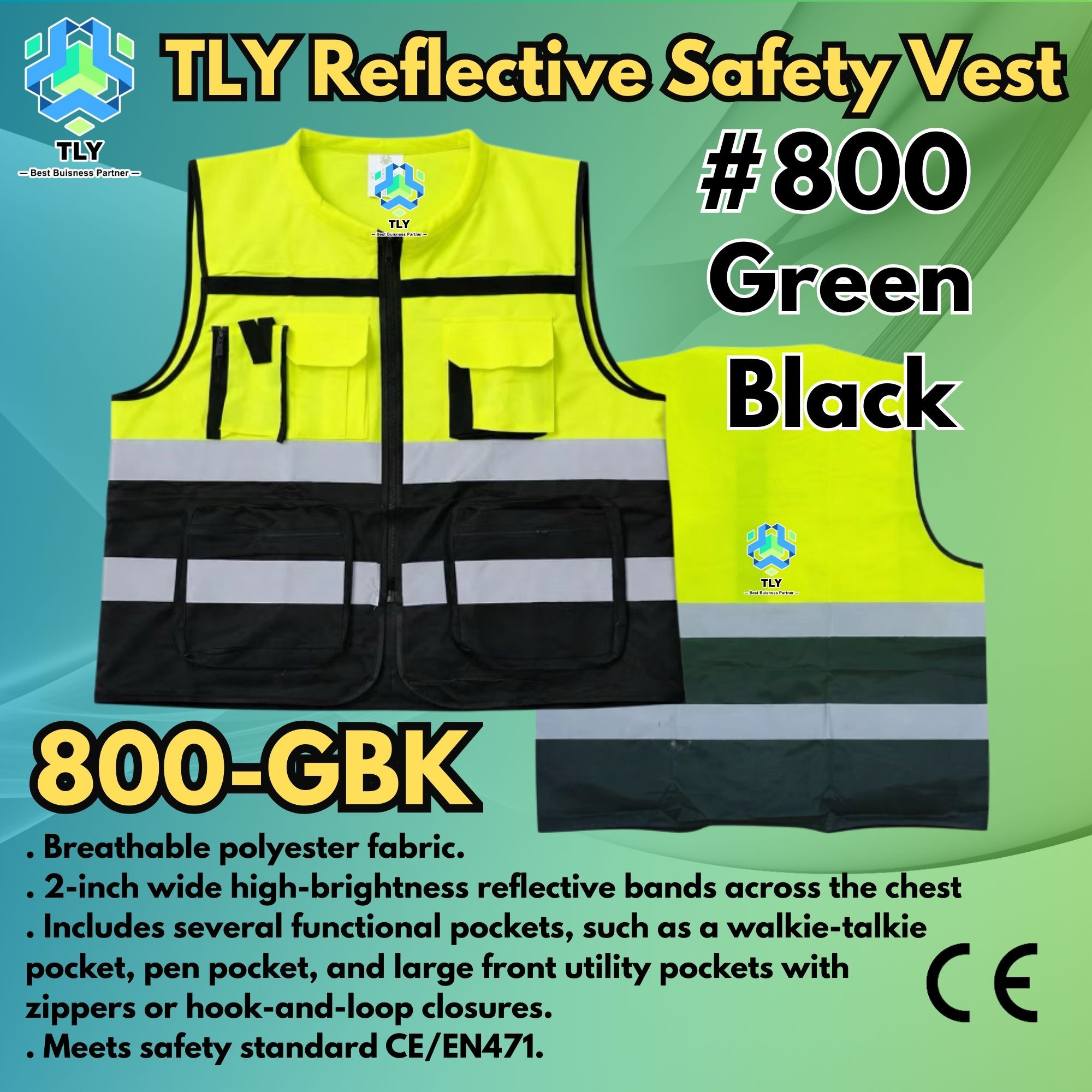 EGI01 Premium Reflective Safety Vest #800 - Green Black