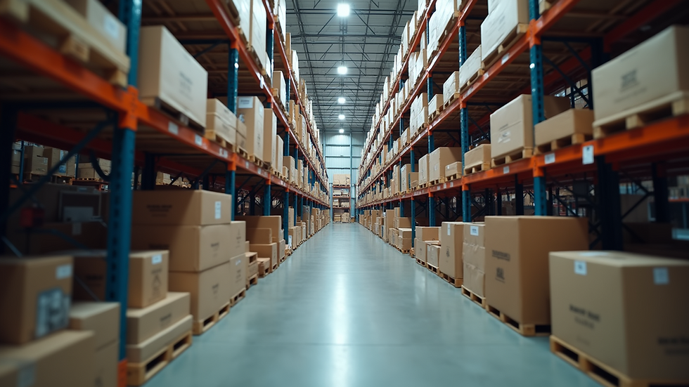 Eye-level view of a well-organized hardware warehouse