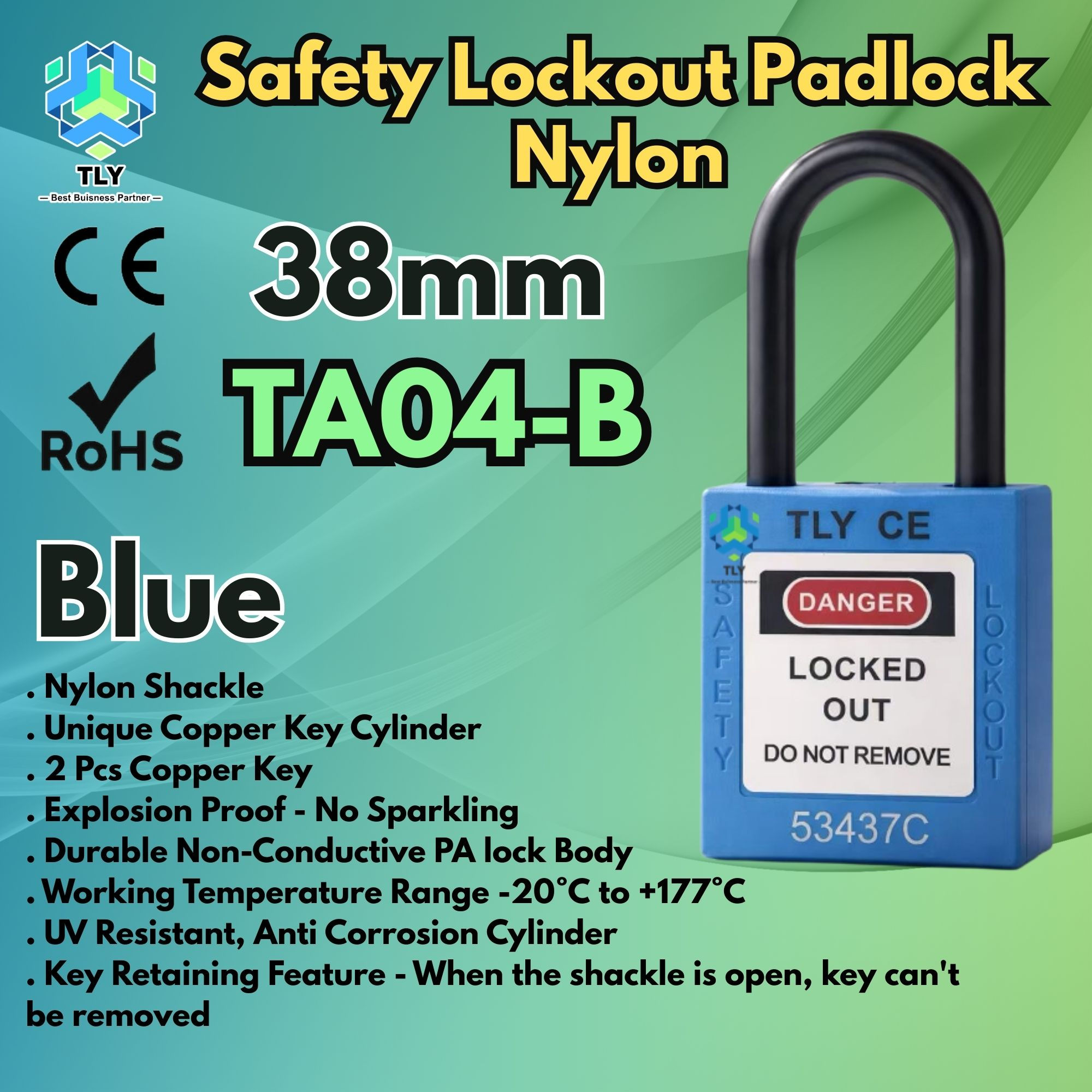 EOC03 TLY Nylon Safety Lockout Padlock 38mm Blue TA04-B