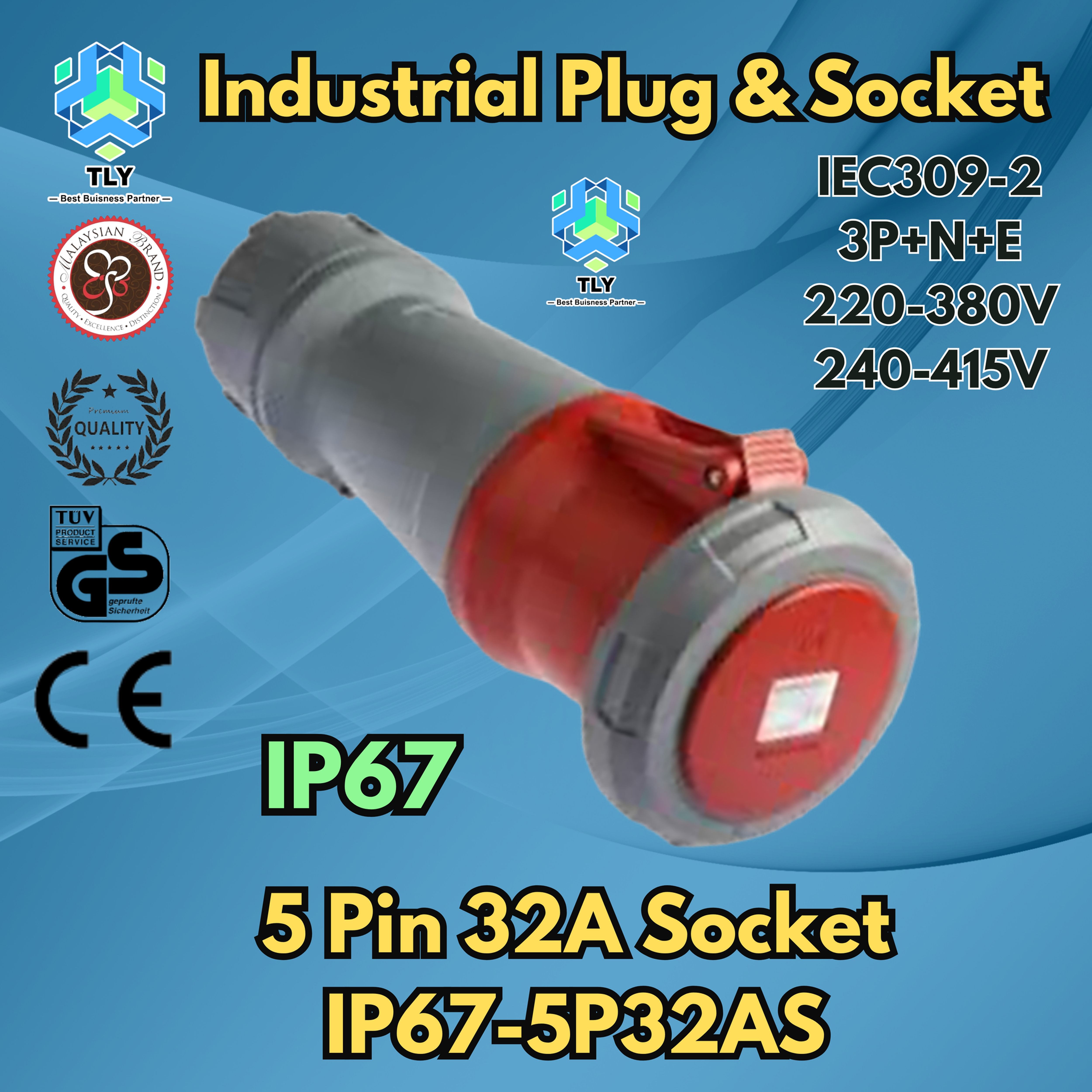 GBC02 Industrial Plug & Socket IP67 - 5 Pin 32A Socket