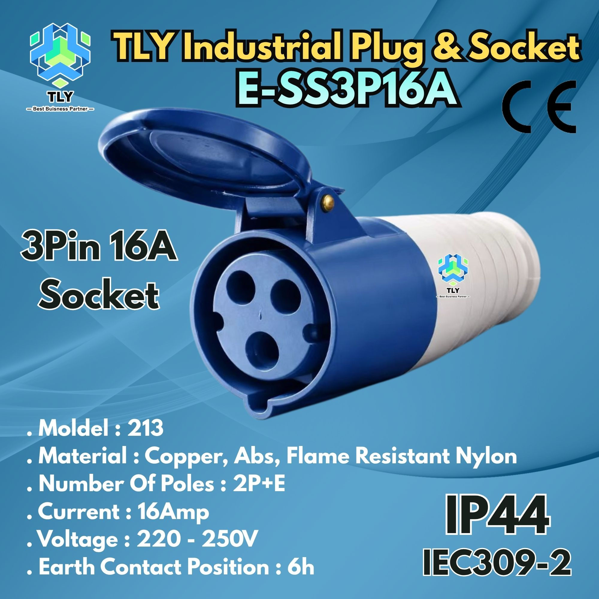 GAA02 Industrial Plug & Socket IP44 - 3 Pin 16A Socket