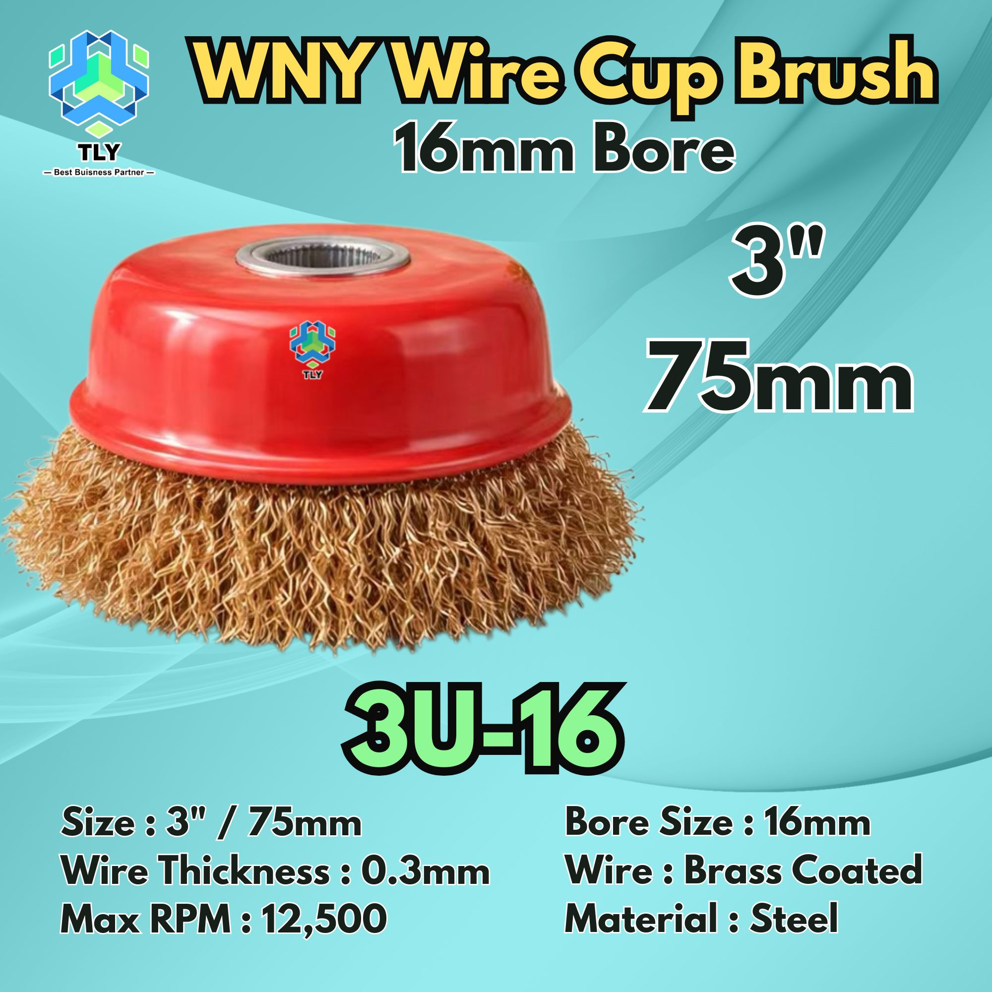 CAAC05 WNY 3" Cup Brush - 16mm Brass Coaated